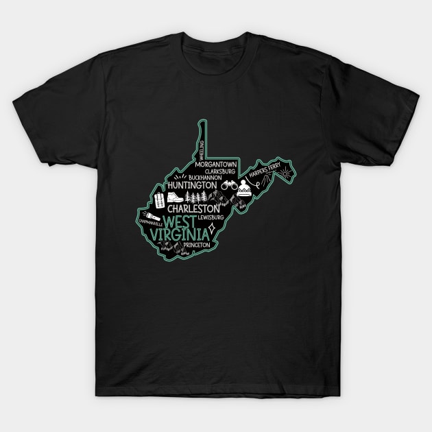 Cute map of West Virginia Charleston Lewisburg Huntington Morgantown Buckhannon T-Shirt by BoogieCreates